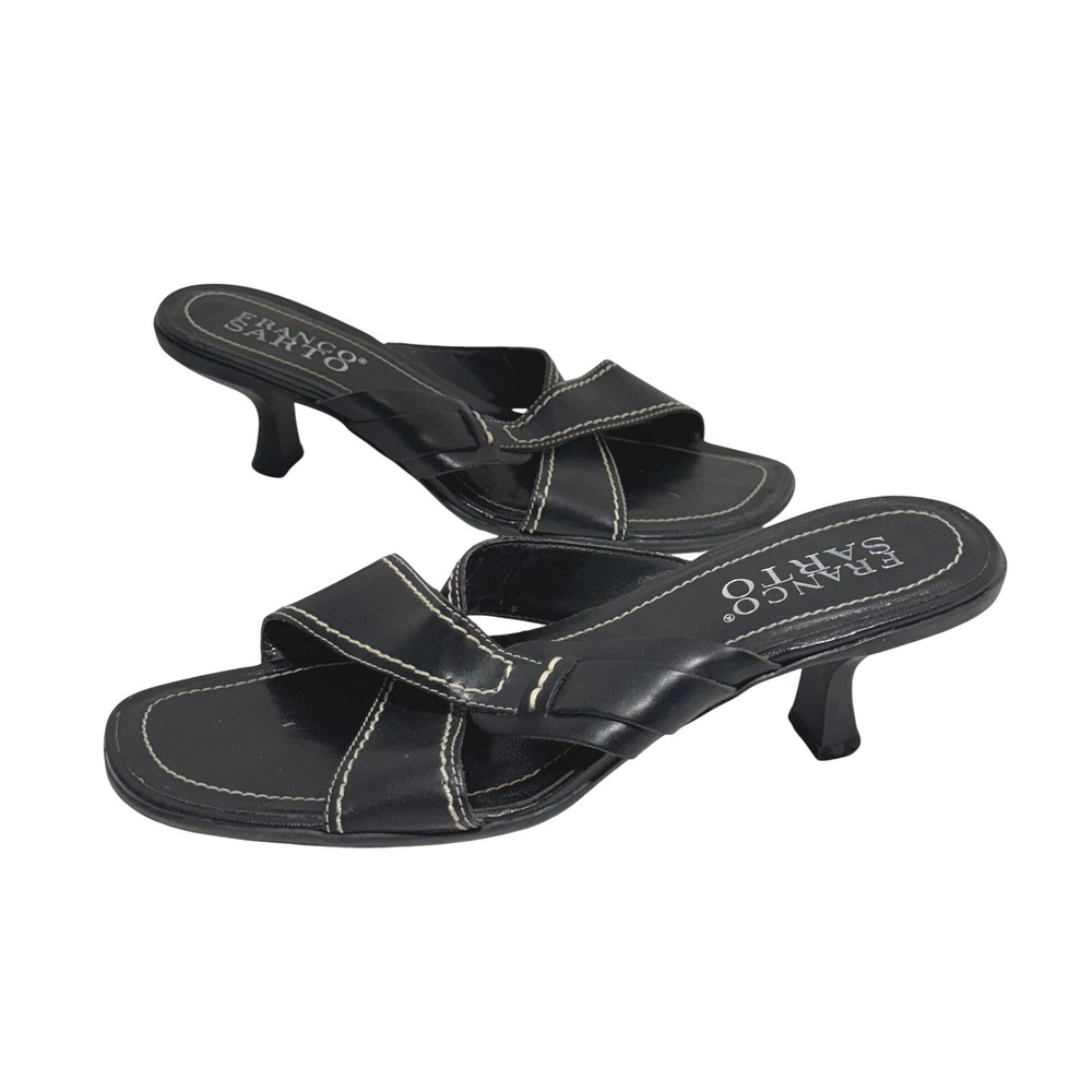 Franco Sarto Womens Black Leather Kitten Heel Slide Sandals Square Toe 8M 359/2 - Picture 3 of 8
